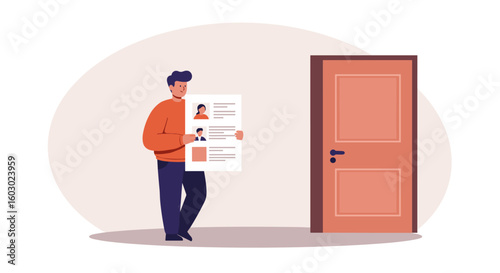 Job applicant holding resume near office door