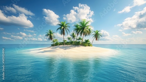 A small island with palm trees and a blue ocean