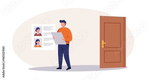 Man analyzing resumes: workplace recruitment concept with open door