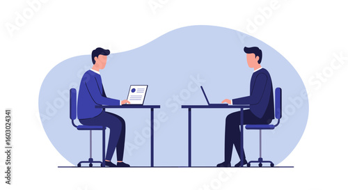 Office meeting scene: two colleagues working at desks with laptops in