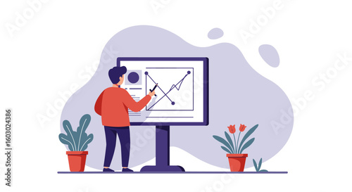 Analyst viewing data trends on interactive screen in modern office set