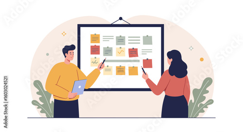 Team collaboration on project management whiteboard with diagrams and