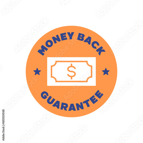 Money Back Guarantee Vector Badge with Banknote Icon in Circular Orange and Blue Design