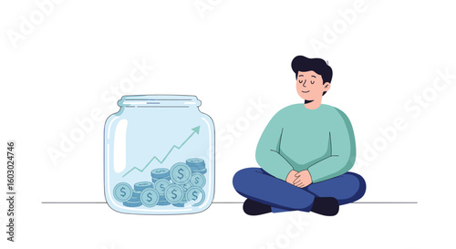 Savings growth concept: person sitting next to a coin-filled jar with