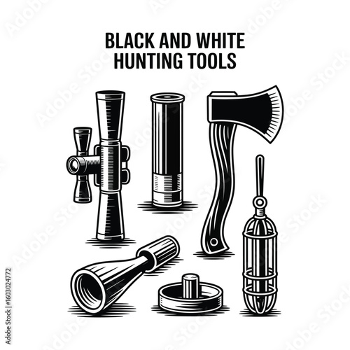 Black and white hunting tools icon pack with scope, shell, axe, game call, and trap in vector style isolated