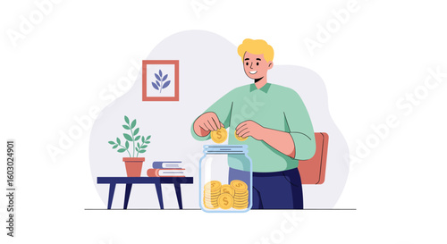 Person saving money by putting coins in jar at home work area