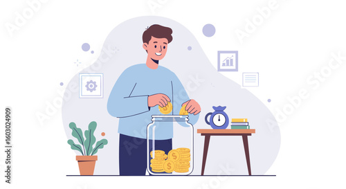 Young man saving money in jar with clock and potted plant
