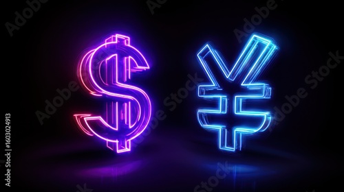 Neon Currency Exchange Concept with Dollar and Yen Symbols
