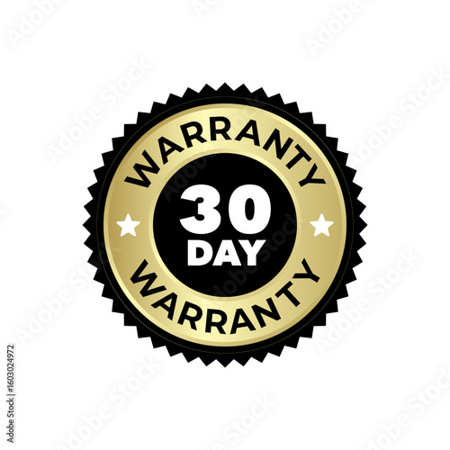 Warranty 30 Day Guarantee Badge with Gold Trim and Bold Typography