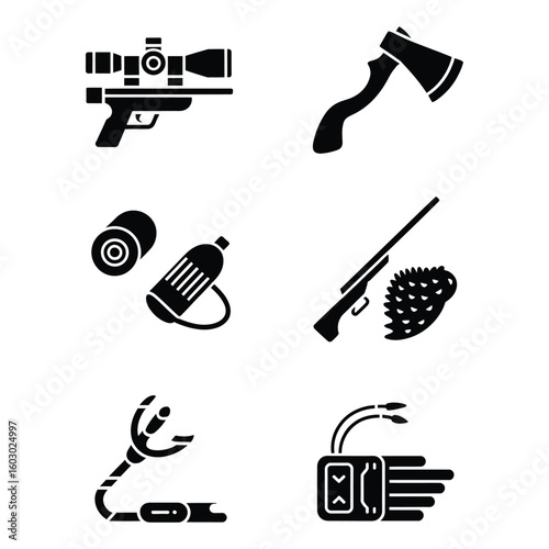 Black and white hunting tools icon pack with scope, shell, axe, game call, and trap in vector style isolated