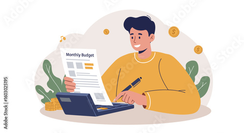 Man calculating budget with calculator and document in hand