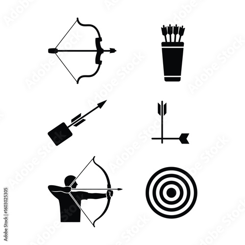 Bow hunting icon set with compound bow, quiver, arrow, archer silhouette, and target in black and white vector style
