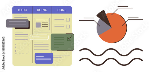 Kanban board with to-do, doing, and done tasks, alongside a segmented pie chart with annotations and lines. Ideal for productivity, task tracking, analytics, teamwork, organization planning simple