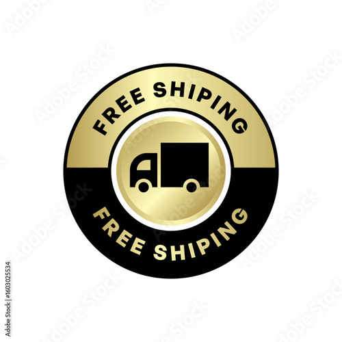 Free Shipping Badge with Delivery Truck Icon in Gold and Black Circle