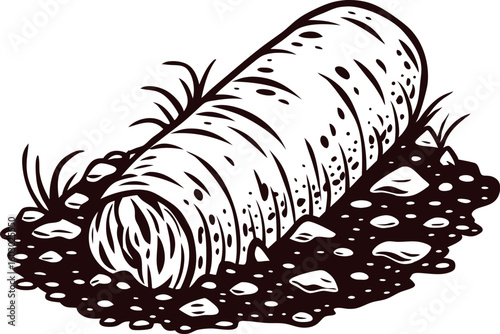 Engraved illustration of a buried tree log surrounded by rocks and grass on white background