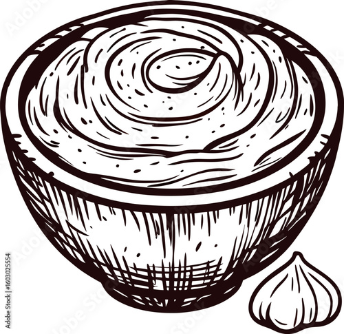 Hand drawn illustration of wooden bowl with creamy dip and garlic bulb isolated on white background