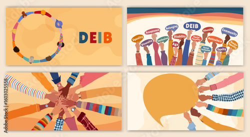 Diversity equality inclusion template with raised hands group teamwork unity people concept