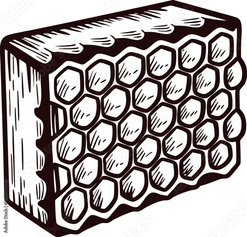 Vintage hand drawn honeycomb piece with detailed hexagonal pattern and textured block on white background
