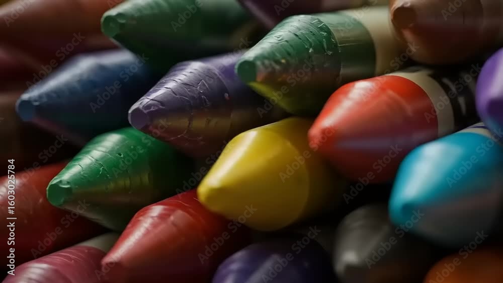 Vibrant close-up of colorful crayons stacked together, showcasing rich hues and textures for artistic use