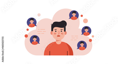 Flat design anxiety concept with multiple thought bubbles around worri