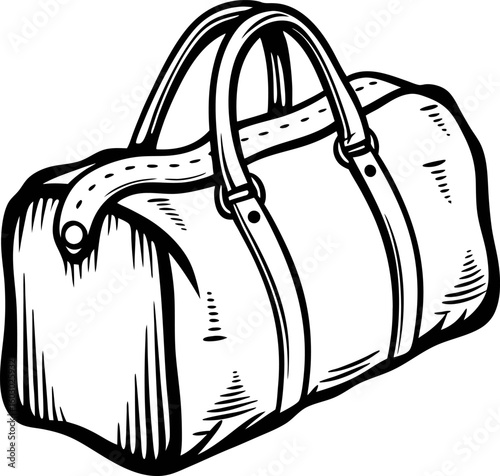 Hand drawn duffel bag with leather straps isolated on white background vintage engraved illustration