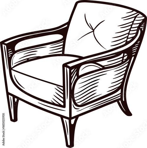 Hand drawn vintage armchair with cushion engraved upholstered seat sketch illustration on white background
