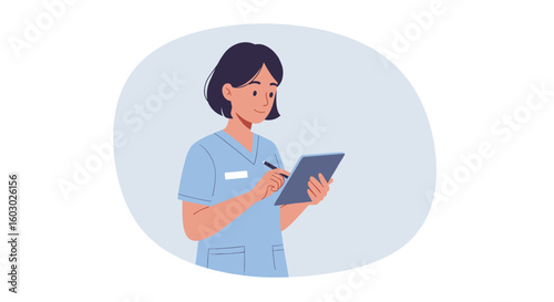 Healthcare professional using digital tablet in minimalist cartoon sty