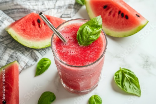 Flat lay of a refreshing watermelon smoothie in a glass with fresh mint leaves and a metal straw, surrounded by watermelon slices and basil on a white background.