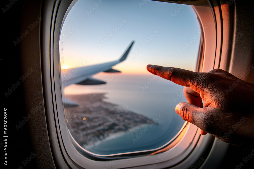 Naklejka premium A person's hand points towards the window of an airplane,which is seen from inside with its wing visible in profile.The sky outside shows a clear horizon at dawn or dusk.In front o