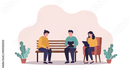 Therapy session concept with diverse people and counselor in a calm se
