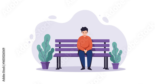 Lonely man sitting on park bench with plants in flat design