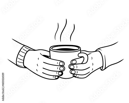 Hands holding a steaming mug of hot beverage silhouette