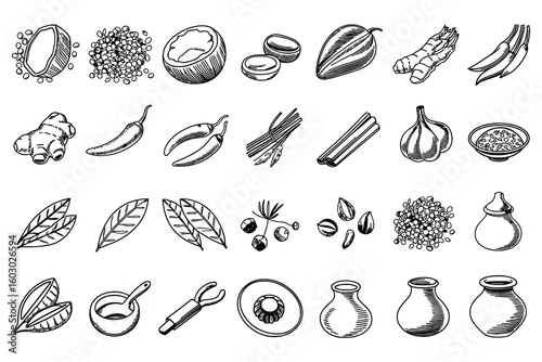Black and White Sketch Style Food Ingredients and Spices Vector Collection