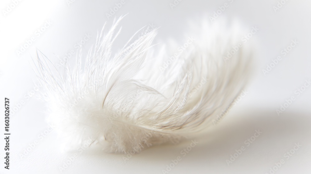 Fototapeta premium Delicate white feather wing detail, pristine and softly illuminated from above.