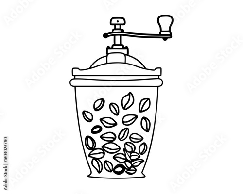 Vintage coffee grinder with beans silhouette