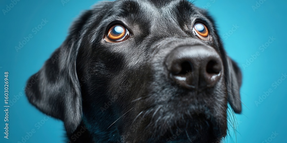 Close-Up of Black Labrador Dog Giving Whaley Eye on Blue Background Close-Up of Black Labrador Dog Giving Whaley Eye on Blue Background