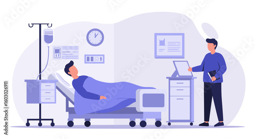 Flat style hospital room scene with patient and doctor interaction