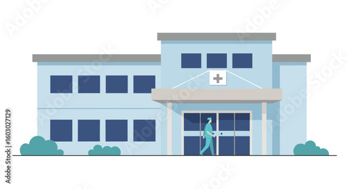 Modern hospital building with healthcare worker in minimal flat design