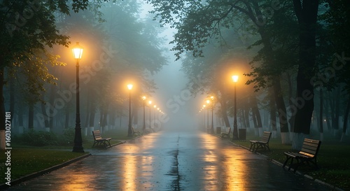 Misty Rainy City Park with Warm Glowing Vintage Lamp Posts, Wet Reflections, and Arching Green Trees in Morning Fog