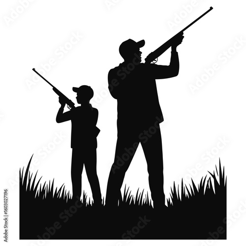 Father and son hunting with rifles at sunrise in an emotional silhouette scene vector isolated black and white
