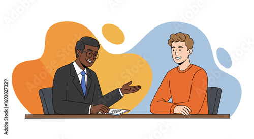 Friendly office meeting between diverse colleagues in modern flat styl