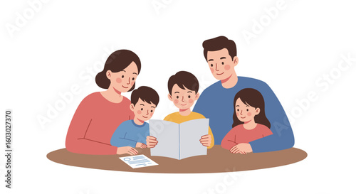Family reading together at table in minimalist cartoon style