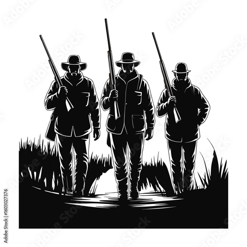 Group of hunters walking with rifles over shoulders at sunrise, vector silhouette scene isolated in black and white