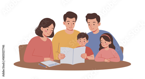 Happy family reading together at home in cartoon style