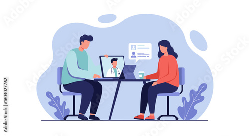 Virtual medical consultation meeting with doctor on tablet for telemed