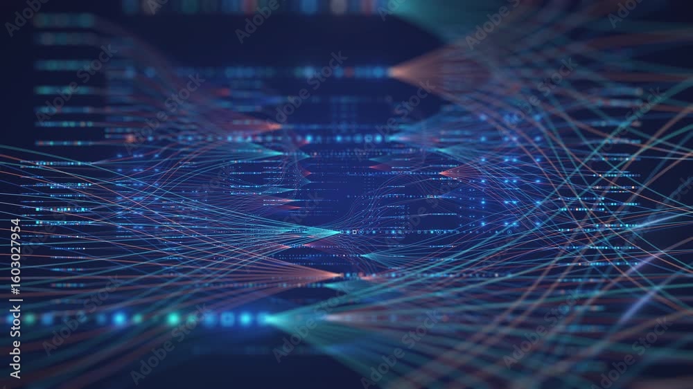 This video sequence visually depicts an intricate network of glowing lines and particles, the vast flow of information, complex data processing, and interconnected systems in a modern,