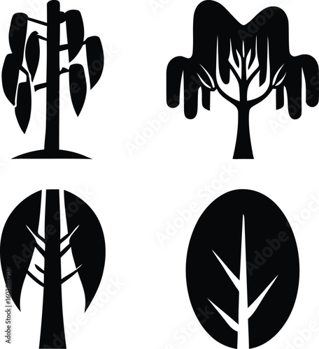 Set of black tree silhouettes. Stylized nature logo icons.