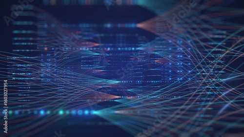 This video sequence visually depicts an intricate network of glowing lines and particles, the vast flow of information, complex data processing, and interconnected systems in a modern,