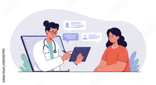 Online medical consultation: doctor and patient connecting digitally