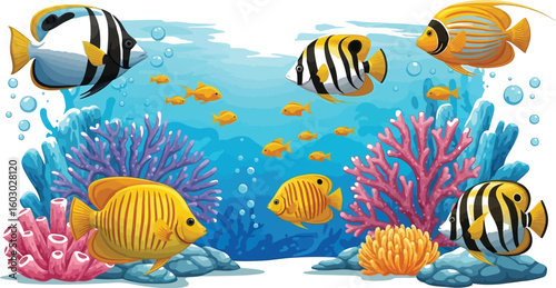 Vibrant underwater scene featuring colorful coral reefs and an array of tropical fish swimming in clear blue water, creating a lively and engaging marine ecosystem illustration.